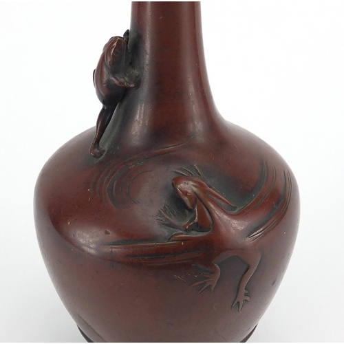 478 - Oriental bronze vase converted to lamp base, cast with two frogs, 35cm high