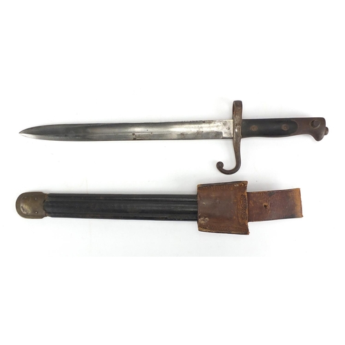 339 - 19th century Italian Vetterli bayonet by Brescia with scabbard and leather frog, various impressed m... 