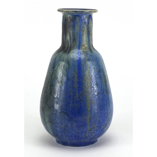 672 - French art pottery vase by Mougin of Nancy, having a blue and green crystalline glaze, incised marks... 