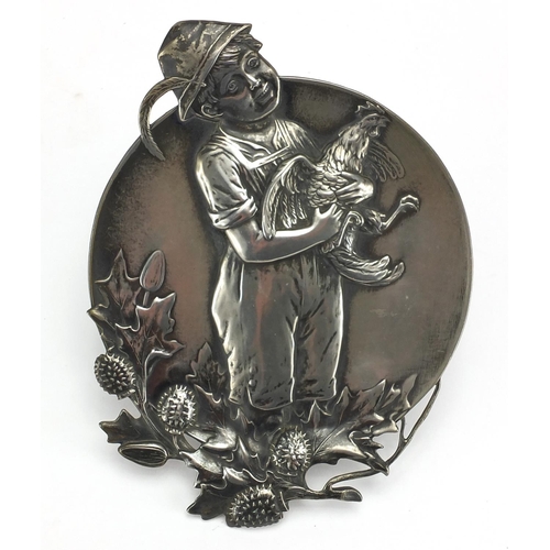 694 - Art Nouveau WMF pewter tray/wall plaque of a young boy holding a cockerel, numbered 33A and impresse... 