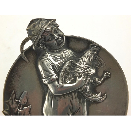 694 - Art Nouveau WMF pewter tray/wall plaque of a young boy holding a cockerel, numbered 33A and impresse... 