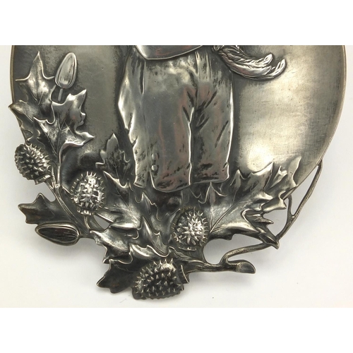 694 - Art Nouveau WMF pewter tray/wall plaque of a young boy holding a cockerel, numbered 33A and impresse... 