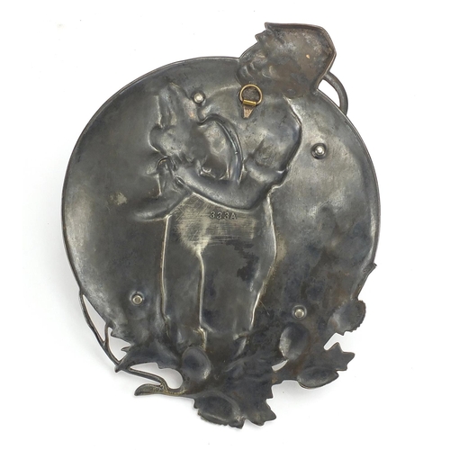 694 - Art Nouveau WMF pewter tray/wall plaque of a young boy holding a cockerel, numbered 33A and impresse... 