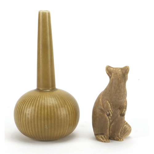 684 - Swedish art pottery vase and a Gustavsberg model of a weasel, the vase by Rorstrand, both with facto... 