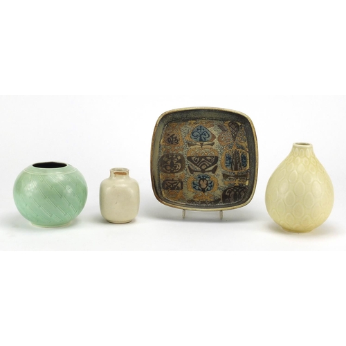 682 - Three Danish art pottery vases and a Danish art pottery dish, including Royal Copenhagen and Marseli... 