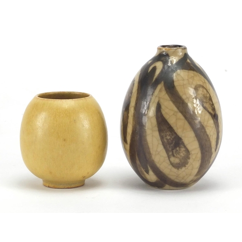 683 - Two art pottery vases including a yellow glazed Danish example by Saxbo, both with factory marks to ... 