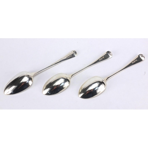 788 - Three Georgian silver tablespoons, London and Sheffield hallmarks, 22cm in length, approximate weigh... 