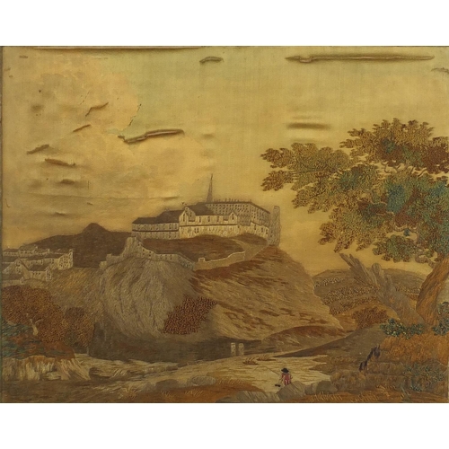32 - Antique silk and stump work tapestry of a fisherman before a monastery on a hill, mounted in a gilt ... 