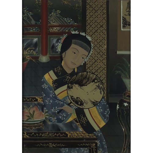 530 - Oriental Chinese reverse painting onto glass of a young maiden in traditional robe, 55cms x 40cms