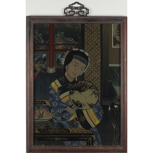 530 - Oriental Chinese reverse painting onto glass of a young maiden in traditional robe, 55cms x 40cms