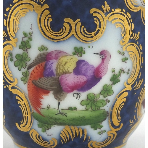 600 - 19th Century blue scale porcelain cup and saucer, hand painted with exotic birds and butterflies, bl... 