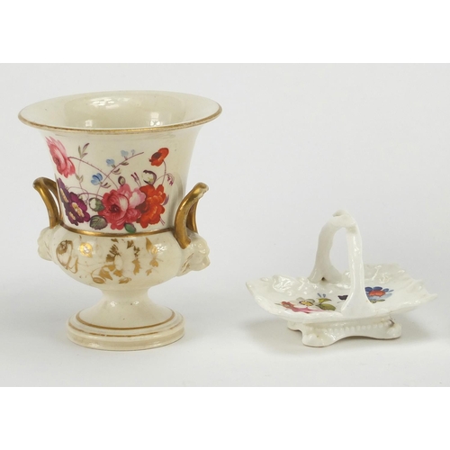 601 - 19th Century miniature porcelain jug, tyg and a pair of campana vases all hand painted with flowers,... 