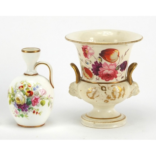 601 - 19th Century miniature porcelain jug, tyg and a pair of campana vases all hand painted with flowers,... 