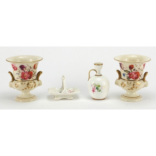 601 - 19th Century miniature porcelain jug, tyg and a pair of campana vases all hand painted with flowers,... 