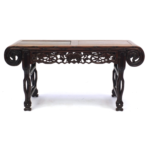 463 - Chinese rosewood hall bench, carved with foliage and berries, 53cm H x 105cm W x 34.5cm D