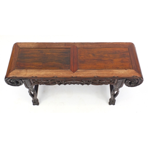 463 - Chinese rosewood hall bench, carved with foliage and berries, 53cm H x 105cm W x 34.5cm D