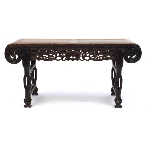 463 - Chinese rosewood hall bench, carved with foliage and berries, 53cm H x 105cm W x 34.5cm D