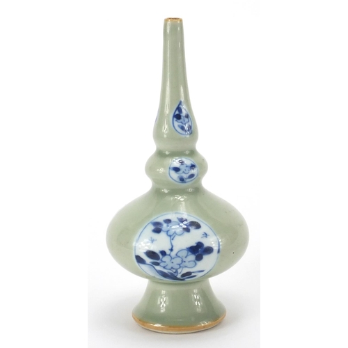454 - Chinese celadon glazed blue and white porcelain narrow neck vase, hand painted with panels of flower... 