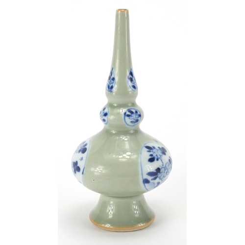 454 - Chinese celadon glazed blue and white porcelain narrow neck vase, hand painted with panels of flower... 