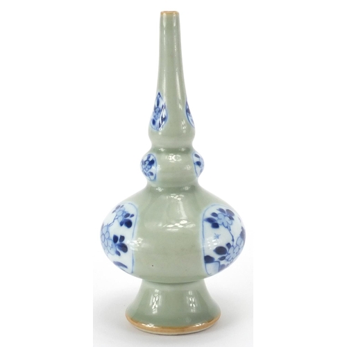 454 - Chinese celadon glazed blue and white porcelain narrow neck vase, hand painted with panels of flower... 