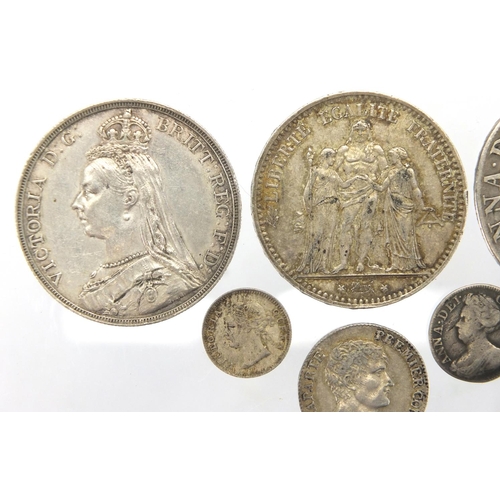 231 - Early 18th century and later British and World silver coinage comprising Queen Anne 1708 crown, Quee... 