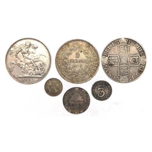 231 - Early 18th century and later British and World silver coinage comprising Queen Anne 1708 crown, Quee... 