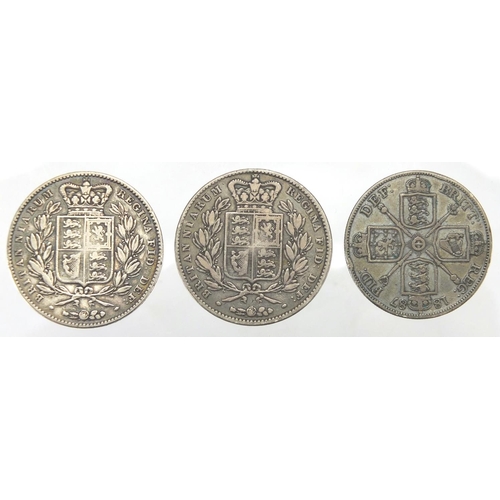 240 - Three Victorian silver coins comprising two crowns 1844  and 1847 together with an 1887 double flori... 