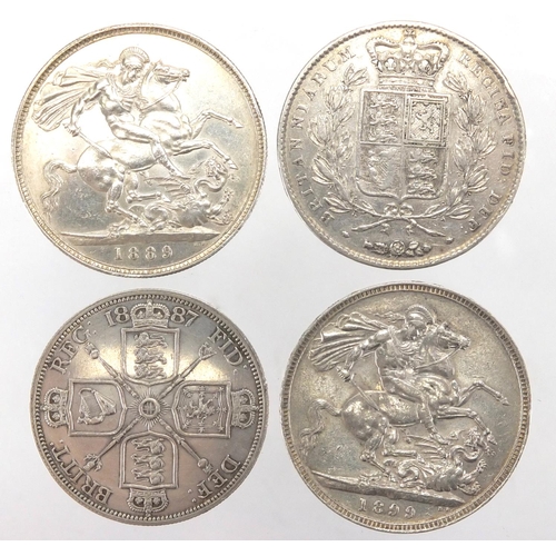 239 - Four Victorian silver coins comprising three crowns 1844, 1889 and 1899 and an 1887 double florin, a... 