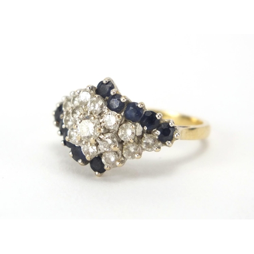 840 - 18ct gold diamond and sapphire four row ring, size M, approximate weight 6.2g