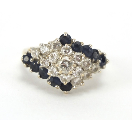 840 - 18ct gold diamond and sapphire four row ring, size M, approximate weight 6.2g