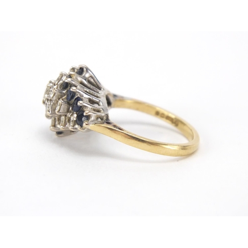 840 - 18ct gold diamond and sapphire four row ring, size M, approximate weight 6.2g