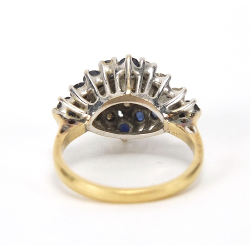 840 - 18ct gold diamond and sapphire four row ring, size M, approximate weight 6.2g