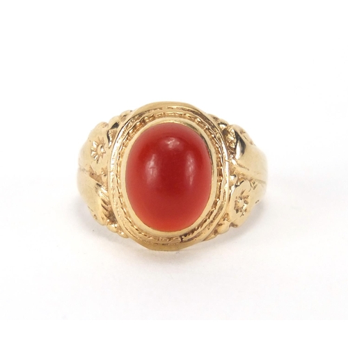 894 - 9ct gold cabochon cornelian ring, size J, approximate weight 3.6g