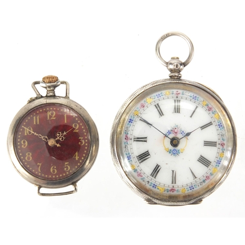 978 - Three ladies silver cased pocket watches with ornate enamel dials and one other silver cased watch w... 