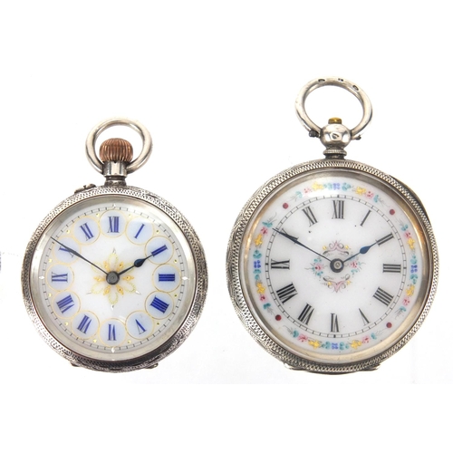 978 - Three ladies silver cased pocket watches with ornate enamel dials and one other silver cased watch w... 