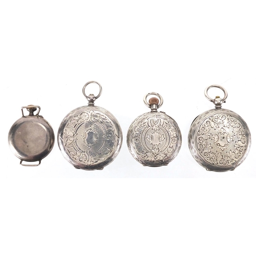 978 - Three ladies silver cased pocket watches with ornate enamel dials and one other silver cased watch w... 