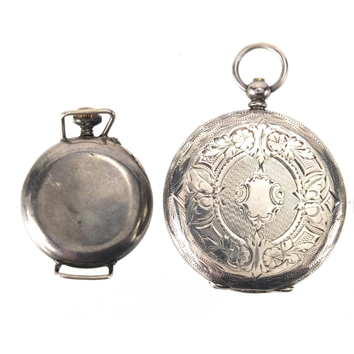 978 - Three ladies silver cased pocket watches with ornate enamel dials and one other silver cased watch w... 