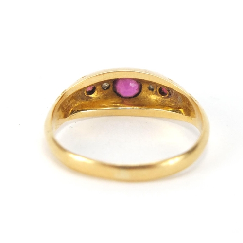 891 - Victorian 18ct gold ruby and diamond ring, size N, approximate weight 3.3g