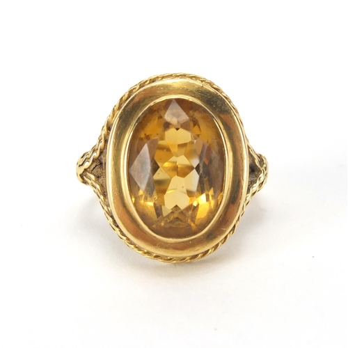 828 - 18ct gold citrine solitaire ring, size L, approximate weight 9.0g