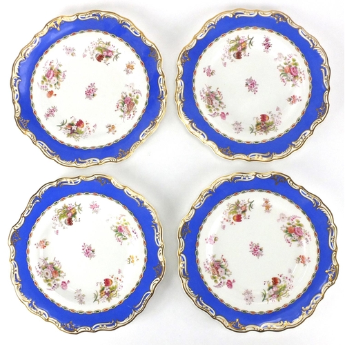 605 - Victorian Copeland dessert set, each decorated with flowers within a blue and gilt border, each with... 