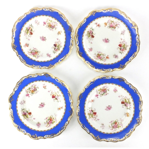 605 - Victorian Copeland dessert set, each decorated with flowers within a blue and gilt border, each with... 