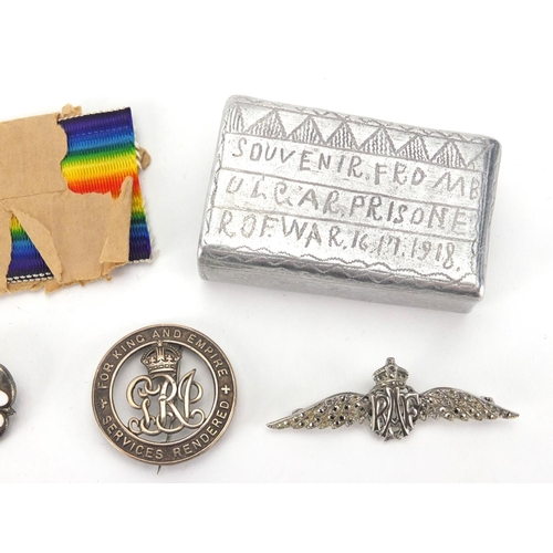 295 - British Military 1914-18 war medal and related brooches and matchbox holder, the medal awarded to CH... 