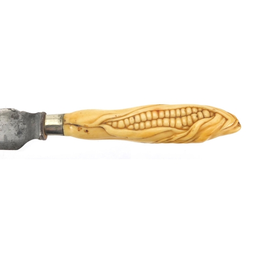 114 - Victorian bread knife with carved ivory handle, in the form of a corn on the cob with steel blade, 3... 