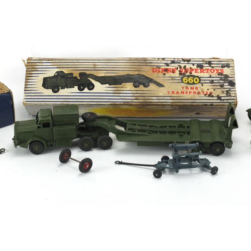 398 - Die cast Dinky toys, all boxed including recovery tractor 661, tank transporter 660 and armed comman... 