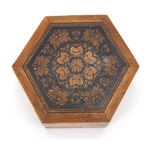27 - Tunbridge Ware hexagonal box with micro mosaic inlay, the hinged lid decorated with a flower head, 8... 