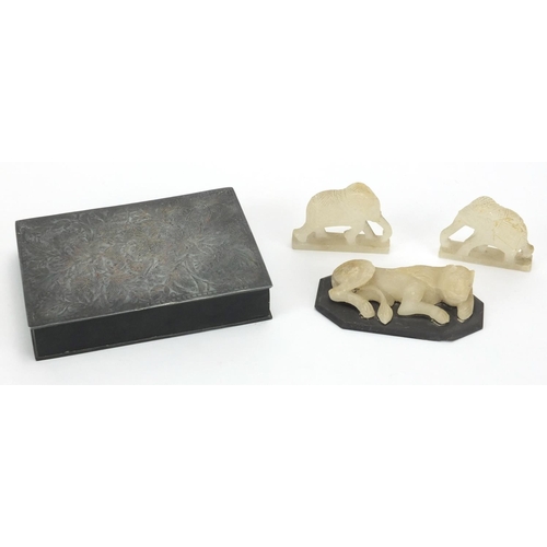 556 - Three Indian white alabaster carvings together with a rectangular bidriware box, the hinged lid with... 