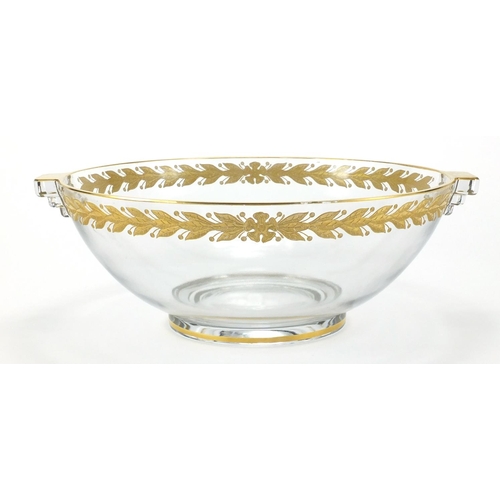 633 - Good quality Art Deco clear cut glass fruit bowl with stylised twin handles, etched and decorated in... 