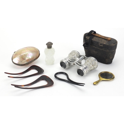 46 - Miscellaneous ladies objects including opaque silver topped glass scent bottle, brass hand mirror, f... 