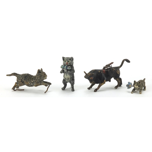 92 - Four Austrian cold painted bronze animals comprising three cats and a bull, the largest 3cm high