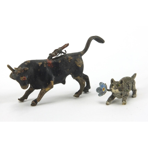 92 - Four Austrian cold painted bronze animals comprising three cats and a bull, the largest 3cm high